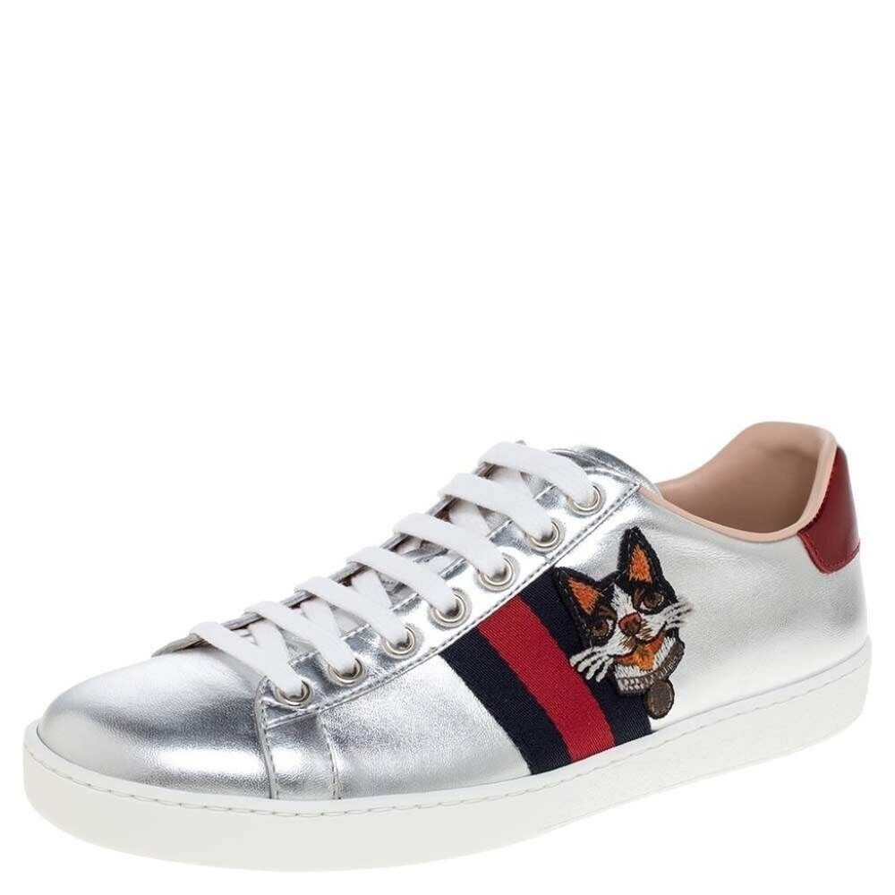 Gucci Womens Silver Leather Ace Embroidered Web Low Top Sneakers Size 37
